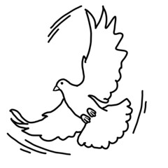White dove is symbol of peace, hope, love in the world. Flying pigeon like holy spirit brings freedom, joy, grace. Hand drawn retro vintage illustration. Old style comics cartoon line drawing.
