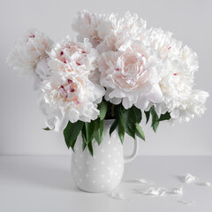 Bouquet of white peonies in vase on table. Raindrops on glass and flowers.
