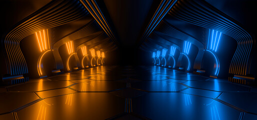 Sci Fy neon lamps in a dark corridor. Reflections on the floor and walls. 3d rendering image.