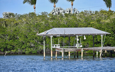 View of Lakeside Dock and Boat Hangar by Native Palm Forest in Florida