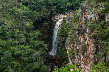 Naklejka na ściany i meble Beautiful Mosquito Waterfall seen from the local viewpoint at Chapada Diamantina in Bahia State, Brazil
