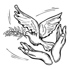 White dove of peace in our hands. Two palms care for peaceful world. Lives matter. Anti war symbol. Sign of love, hope, freedom. Hand drawn retro vintage illustration. Old style cartoon drawing.