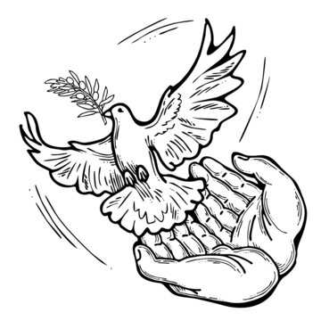 White dove of peace in our hands. Two palms care for peaceful world. Lives matter. Anti war symbol. Sign of love, hope, freedom. Hand drawn retro vintage illustration. Old style cartoon drawing.