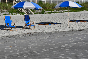 Blue and White Beach Umbrellas and Chairs on Sand with Ocean Surf