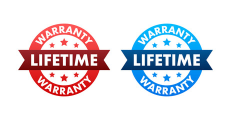 Flat banner with red lifetime warranty. Flat vector illustration character