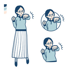眼鏡をかけた女性が正面にパンチしているイラスト