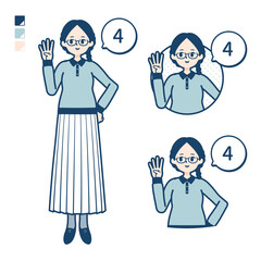 眼鏡をかけた女性が4とカウントしているイラスト