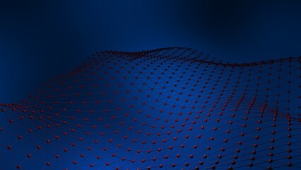 Red Mathematical Geometric Abstract Wave Dots-Line Grid under Black-Blue Spot Lighting Background. Conceptual image of technological innovations, strategies and revolutions . 3D illustration. 3D CG.