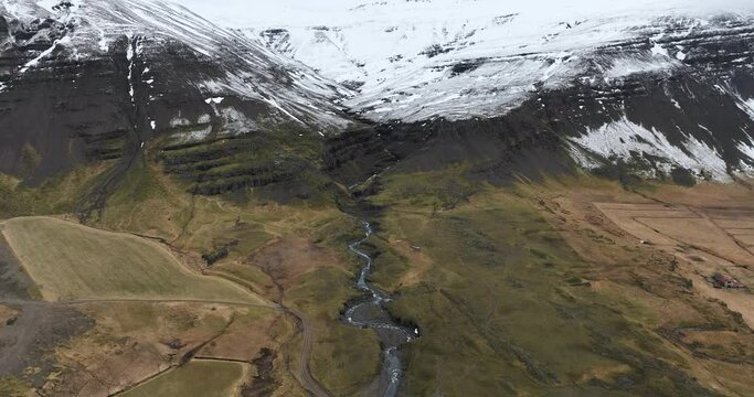 River Flowing from Snowy Mountains in Gorgeous Iceland Landscape, Aerial