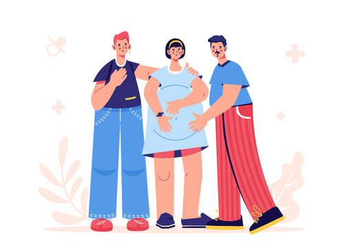 Surrogacy. Gestational Surrogate Before Childbirth. Pregnant Woman Standing With Future Gay Parents. Baby Expectation. Lgbtq+ Family. Pride Parade.