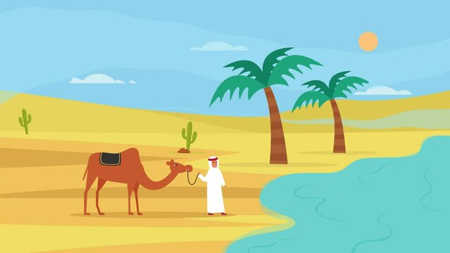 Arabian man carrying a camel toward the pond