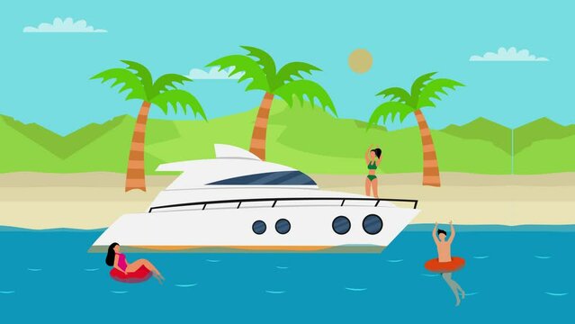Group of people enjoy summer vacation near yacht
