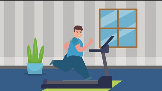 Happy fat man running in the treadmill