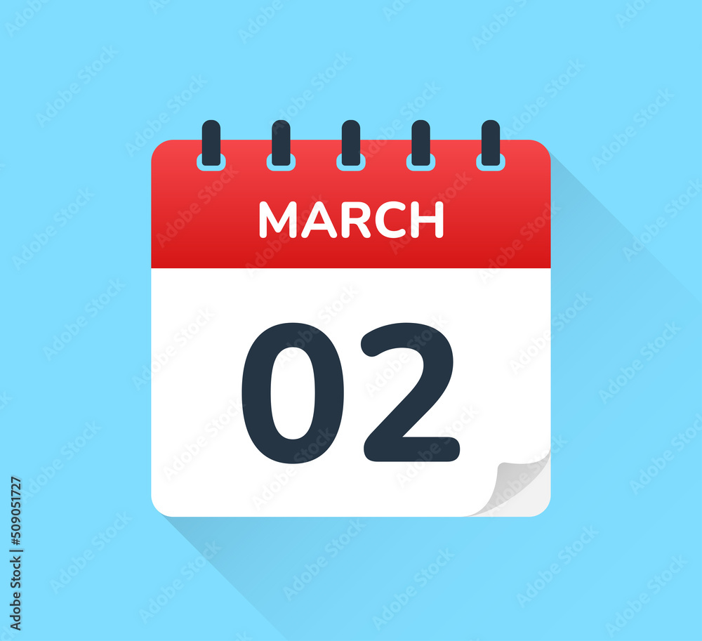 Poster march 02, second of the month. vector flat design of daily calendar icon. date and day of the year