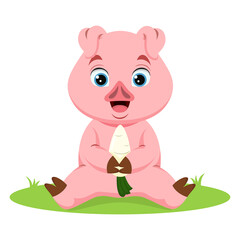 Obraz na płótnie Canvas Cute baby pig cartoon holding white radish