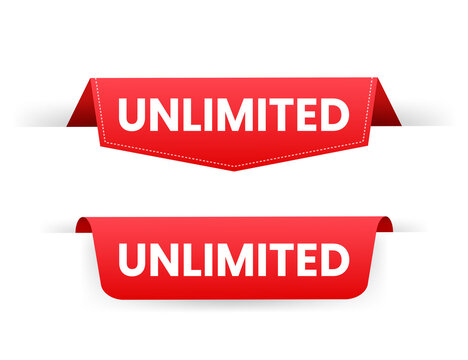 Red ribbon on Unlimited text on white background. Promotion sign. Vector stock illustration