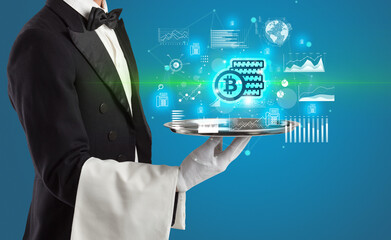 Handsome young waiter in tuxedo holding currency icons on tray