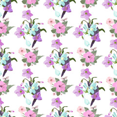 Fototapeta na wymiar Vector seamless floral pattern drawing of a bouquet of flowers with buds and leaves isolated on a white background for fabric design.