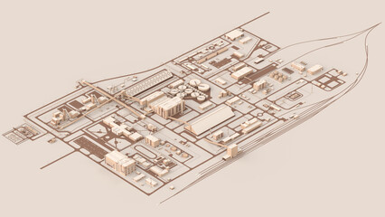 Isometric mining map. Industrial complex with conveyors, buildings, pipeline and tanks. 3d model of the factory. Top view of the plant. Mining and processing plant project. 3d illustration