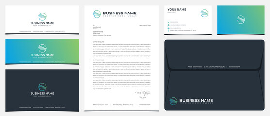 Flow illustration logo with stationery, business card and social media banner designs