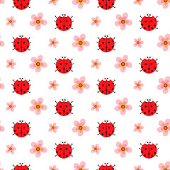 Pattern with ladybugs and pink flowers. Vector illustration isolated on white background. For prints, covers and flyers, products for children, fabrics and packaging, various decor.