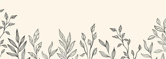Tuinposter Leaves branch and Hand Drawn doodle Scribble floral plants banner. Abstract leaf. Creative minimalist Abstract art background. Design wall decoration, postcard, poster or brochure © Hulinska Yevheniia
