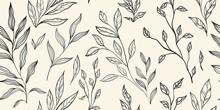 Leaves branch and Hand Drawn doodle Scribble floral plants banner. seamless pattern. Creative minimalist Abstract art background. Design wall decoration, postcard, poster or brochure