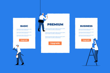 Flat design pricing subscription plan concept with staffs painting big pricing table