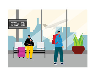Activity people in the airport. A woman sitting in the waiting room and a man walking. Ai vector illustration	