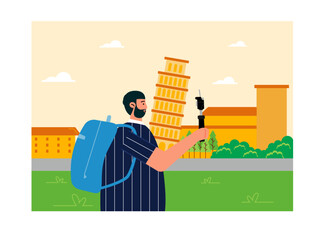 A man taking a picture in the tower of Pisa at Italy. He is a backpacker traveler. Ai vector illustration