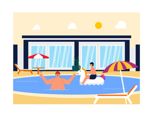 Family vacation to a villa with an outdoor pool. Father and child are swimming in outdoor pool at summer. Ai vector illustration	
