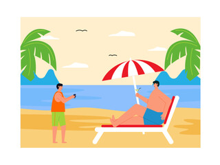 Obraz premium Someone is photographing a man sitting enjoying the beauty of the beach. The best choice for a vacation on the beach. Trip and vacation vector illustration.