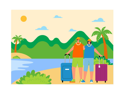 The couple with casual wear enjoy the summer holiday. Each holding a suitcase on the beach. Ai vector illustration	