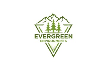 Fototapeta premium Minimalist Landscape Mountain, Hills Peaks Pine Tree River Creek Simple logo design Vector