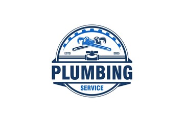 Plumbing service logo design emblem badge industrial home service with tap wrench pipe gear element