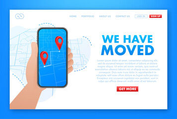 We have moved. Moving office sign. Clipart image isolated on blue background. Vector stock illustration.