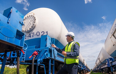 Engineer under inspection and checking construction process railway oil train and checking work on railroad station .Engineer wearing safety uniform and safety helmet in work.