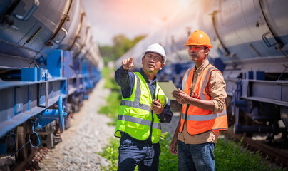 Engineer under inspection and checking construction process railway oil train and checking work on...