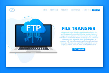 FTP file transfer icon on laptop. FTP technology icon. Transfer data to server. Vector illustration