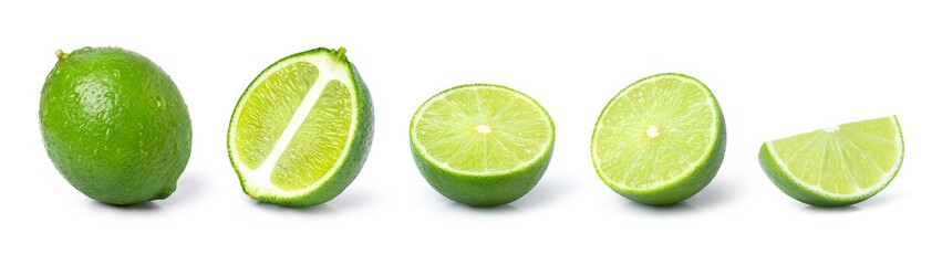 Set of whole and half slice of green lime fruit isolated on white background.