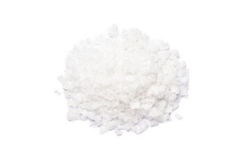 Pile of natural sea salt isolated on white background. Top view. Flat lay.
