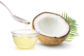 Coconut oil with brown coconut isolated on white