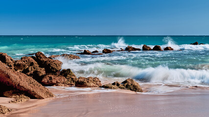 Rock formations at the beach in Guilderton, WA, long exposure.