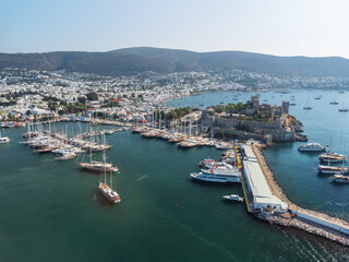 Awesome aerial view of Bodrum Marina and Bodrum Castle, Turkey