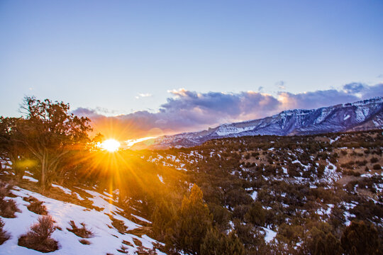Beautiful snowy winter mountain sunsets in Colorado