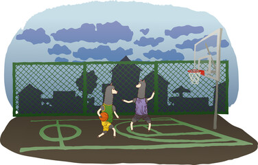 Illustration of lamas playing basketball. Animals, competition, outdoor area, eps ready to use. For your design
