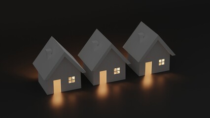 Three white houses next to each other on a black background by night. The lights are on in the houses. 3D render illustration