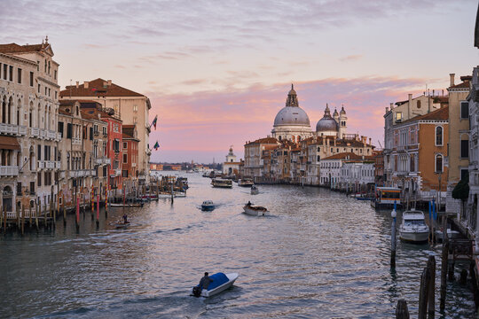 Aerial view of Canal Grande and Basilica della Salute in Venice during Sunset