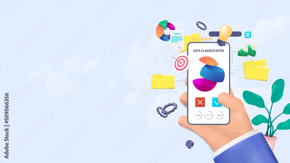 Poster Classification and manage data online via smartphone, classification and distribute streams and files online. 3D File management application. Accounting and administration via Mobile App. Vector 3D