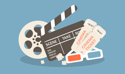 vector illustration on the theme of cinema. clapperboard, 3d glasses, film reel, movie tickets - obrazy, fototapety, plakaty
